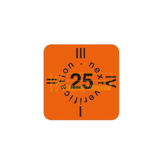 Warmbier Výstražný štítok - overenie, 15x15mm, oranžová, na rok 2025, 30 ks/list, anglicky